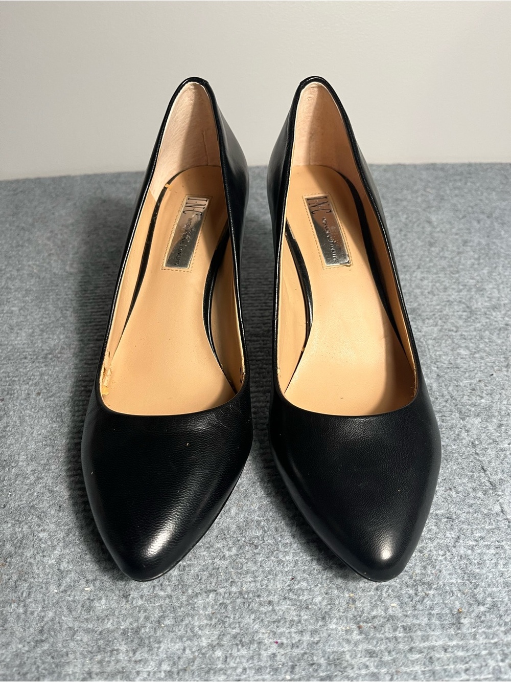 INC Classic Black Pointed-Toe Women's Pumps. Peeling to inside of shoe.